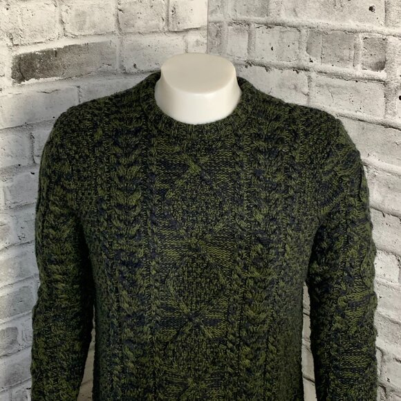 Vintage 90s Cable Knit Fisherman Chunky Sweater Large Black Olive Green Preppy - Picture 2 of 12
